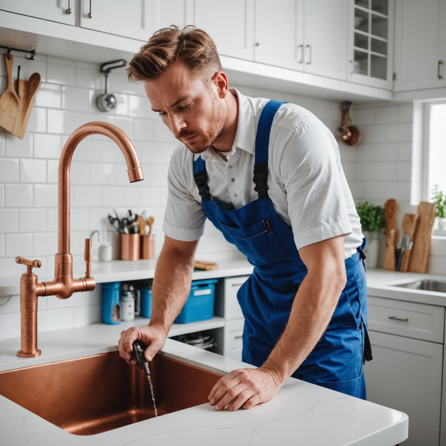 Professional plumber repairing pipes in a modern kitchen